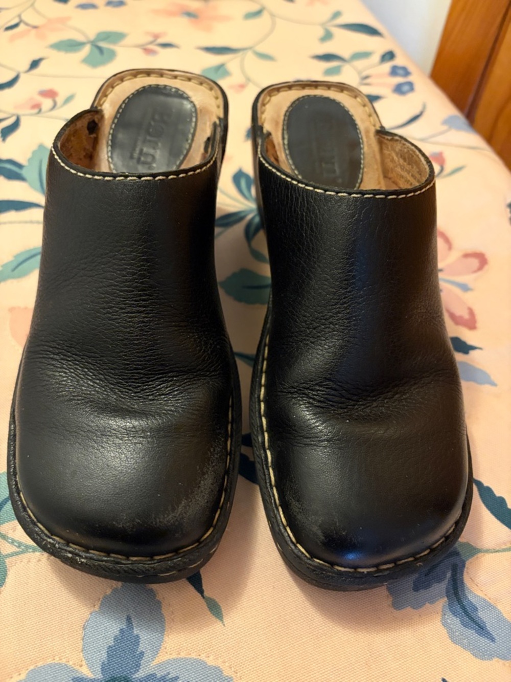 Born Black Leather Wedge Clogs with Contrast Stitching